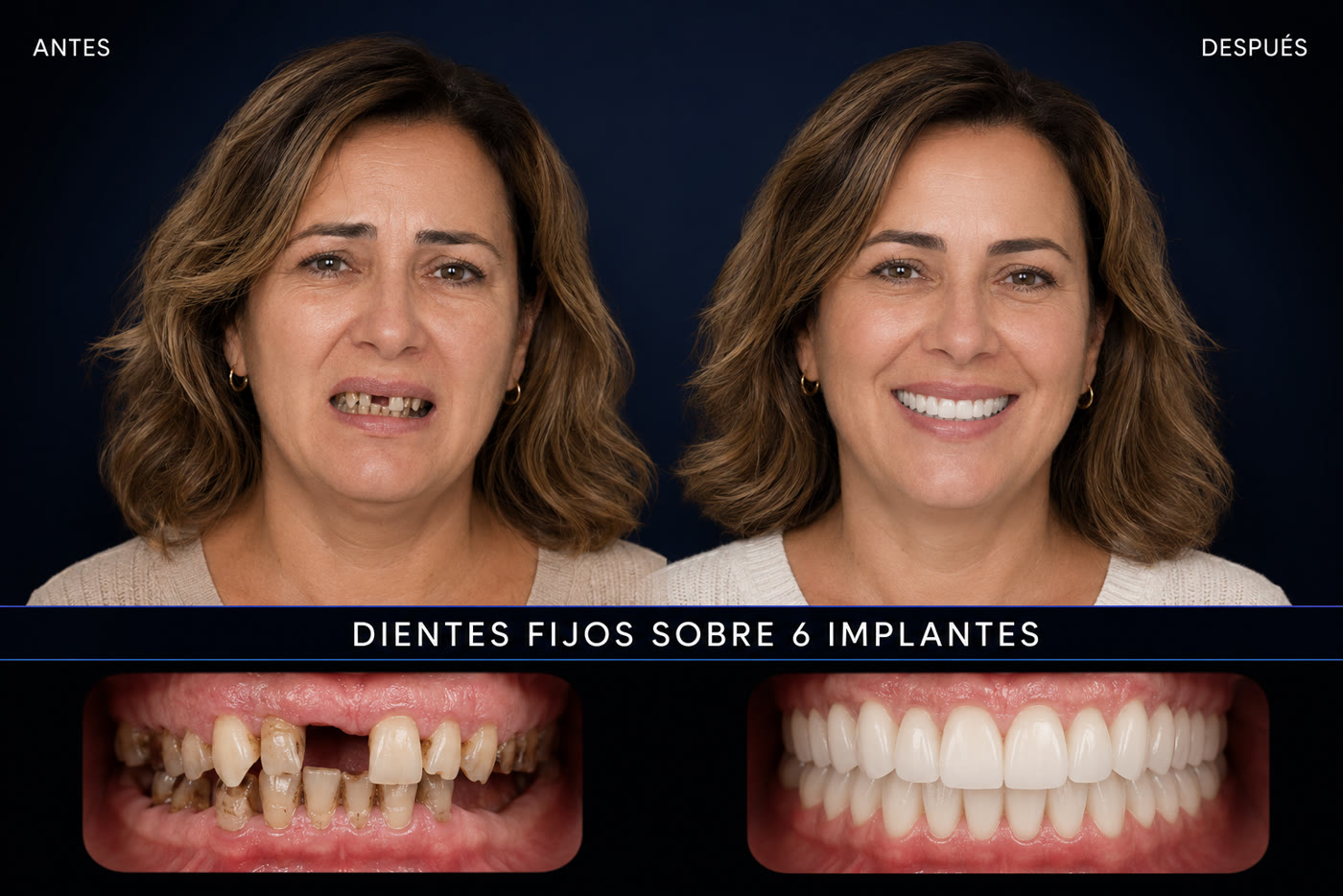 Antes y después — dientes fijos sobre 6 implantes